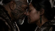 © lensaraja - Intimate portrait of two people sharing a traditional Tuvaluan nose-to-cheek greeting, eyes closed in affection and respect, against a deep ocean-blue studio background.