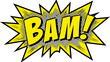 © Lucas - Isolated vibrant yellow comic book style speech bubble with 'BAM!' sound effect and halftone dots.