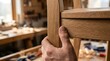 © Wool World - Professional carpenter's hand inspecting the mortise and tenon joint of a handcrafted wooden chair in a woodworking workshop, showcasing quality craftsmanship and furniture construction details.