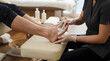 © ManuStockStudio - Podiatrist Applying Cream to Foot, Professional Foot Care Treatment, Wellness and Relaxation Concept. Spa Therapy, Skincare, Beauty, Health.