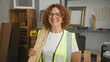 © Krakenimages.com - Woman carpenter holds wooden plank on shoulder, hand gripping plank, wearing safety vest in building; craft pride.