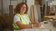 © Krakenimages.com - Woman carpenter writes in notebook holding pen at workbench with hardhat and tape measure inside a building; confidence experience.