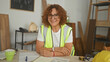 © Krakenimages.com - Woman carpenter wearing a high visibility vest, smiling with folded arms and hands on table, tape measure safety glasses and hardhat visible in building; craft pride.