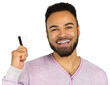 © fotofabrika - Man holding a card and smiling in a bright setting while wearing a light purple sweater