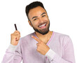 © fotofabrika - Man holding a card and smiling while looking at the camera in a simple setting