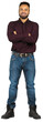 © fotofabrika - Man standing with crossed arms in a maroon shirt and blue jeans in a studio setting