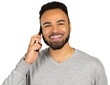 © fotofabrika - Man smiling while talking on phone indoors with a simple background