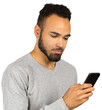 © fotofabrika - Man looking at smartphone with focused expression while wearing a gray sweater indoors