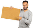 © fotofabrika - Person holds a blank board and points at it while smiling indoors