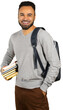 © fotofabrika - Student with a backpack holding books and smiling in a simple setting