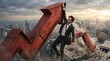 © NHL Studio - Man hangs tightly onto a massive red upward arrow structure overlooking a cityscape while surviving a turbulent economic recovery.