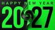© Mr Noman   - Modern Abstract Happy New Year 2027 Graphic Design featuring a split Black and Neon Green background with 3D swirl transition and bold typographic elements.