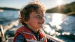 © 69 - Happy young boy smiling while enjoying boat ride on sparkling lake water during bright sunny day outdoor adventure