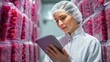 © Papisut - A woman in a white lab coat and hairnet uses a tablet to check fresh blueberries in a packing station Food Quality Control concept.