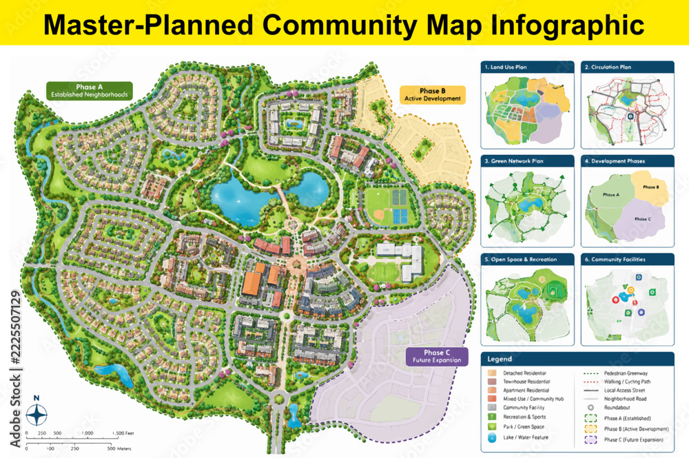 Master-planned community map infographic showing different development ...