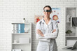 © Pixel-Shot - Telemedicine and digital health innovation, female doctor wearing futuristic smart glasses for medical diagnostics in a modern clinic office
