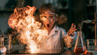 © NadiaArts - Girl reacts with shock as a fiery science experiment explodes in a laboratory
