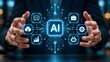 © abu - Business executive holding glowing artificial intelligence processor chip with corporate cloud automation icons