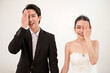© tonefotografia - Happy Asian Bride and Groom Playfully Covering One Eye During Wedding Portrait, Romantic Marriage Celebration