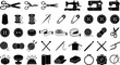 © TheDaily - A collection of black silhouettes depicting sewing tools yarn and garment making supplies on a white background sewing tools scissors thread spool