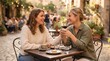 © Junior - Two young women enjoying coffee and conversation at an outdoor cafe table in a European town