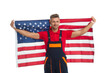 © be free - Labor day. Patriotic man with American flag isolated on white. Independence day of America. 4th of July. American flag and man worker. Flag of USA. Independence day. Independent lifestyle
