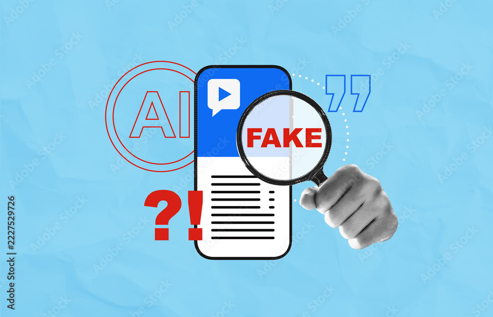 Invistication Glass Fake AI content verification concept with magnifying glass, smartphone ...