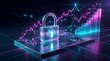 © abdul studio - Glowing holographic padlock on digital tablet with rising financial charts and neon data graphs for cybersecurity, fintech protection, and safe investment