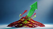© Rayan Smart Kreatif  - A massive green financial indicator arrow surges upward triumphantly through a complex web of melting structures, representing successful monetary investment growth and trading market recovery