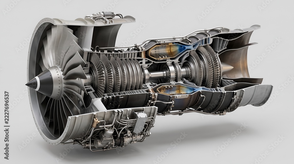 Cutaway diagram of a modern turbofan jet engine showing internal ...