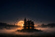 © Isran Haque - Victorian haunted house silhouette on a foggy hill with glowing orange windows, giant full moon and bats in a black night sky, Halloween party invitation background with copy space