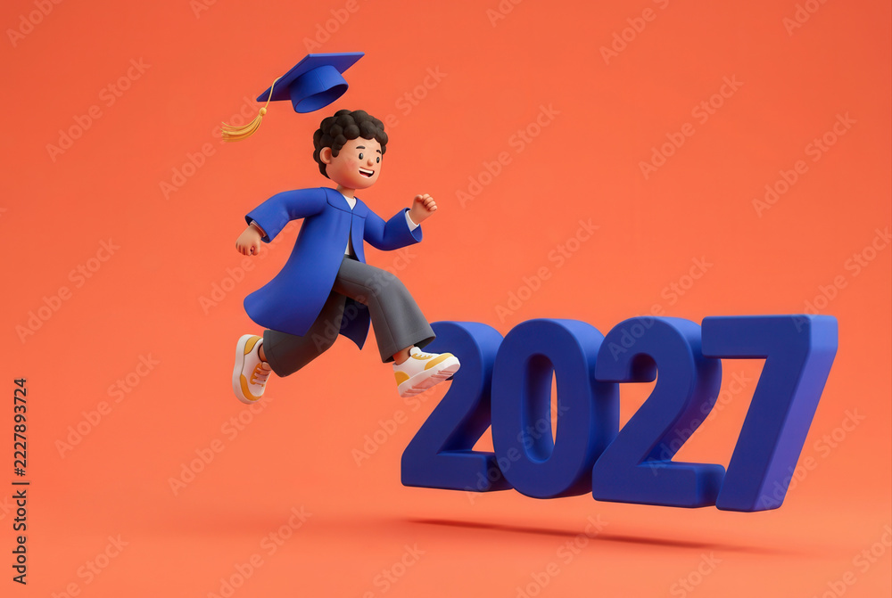 Progress Countdown Template Graduate jumping over 2027 numbers on orange background Stock ...