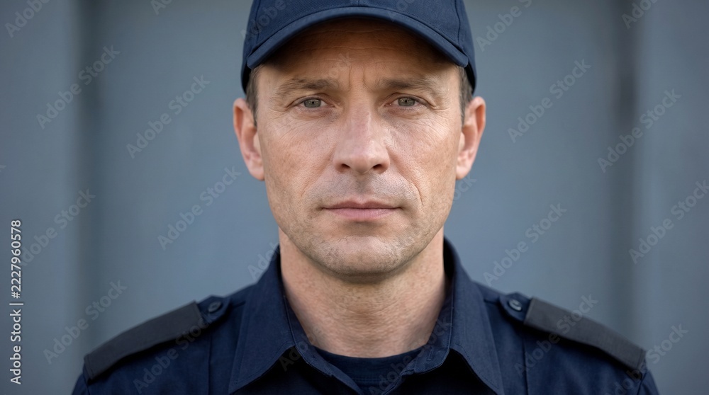 Police officer wearing a dark blue uniform and cap stares directly into ...