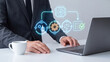 © NK - AI compliance automation and AI governance workflow with businessman using laptop and AI chip, gear cycle, justice scale and checklist icons for regulation, legal and risk control