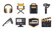 © Bundi - Flat film production icon set arranged in two rows with audio and camera equipment alongside an editing monitor and clapperboard on transparent background