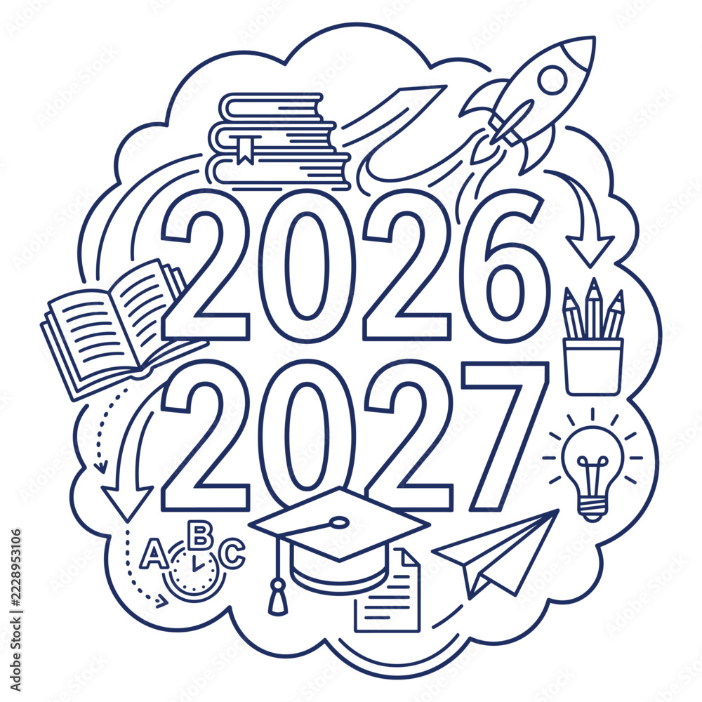 Issue Book Icon Vector Educational doodle layout featuring 2026 and 2027 years with academic ...
