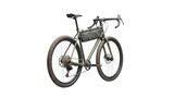 Olive green gravel bike with bikepacking frame bag, modern adventure bicycle for off-road touring, professional cycle with drop bars and tan wall tires isolated PNG with Transparent Background