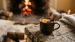 © Isabellafaith - Steaming ceramic mug with cinnamon and orange by a rustic warm fireplace