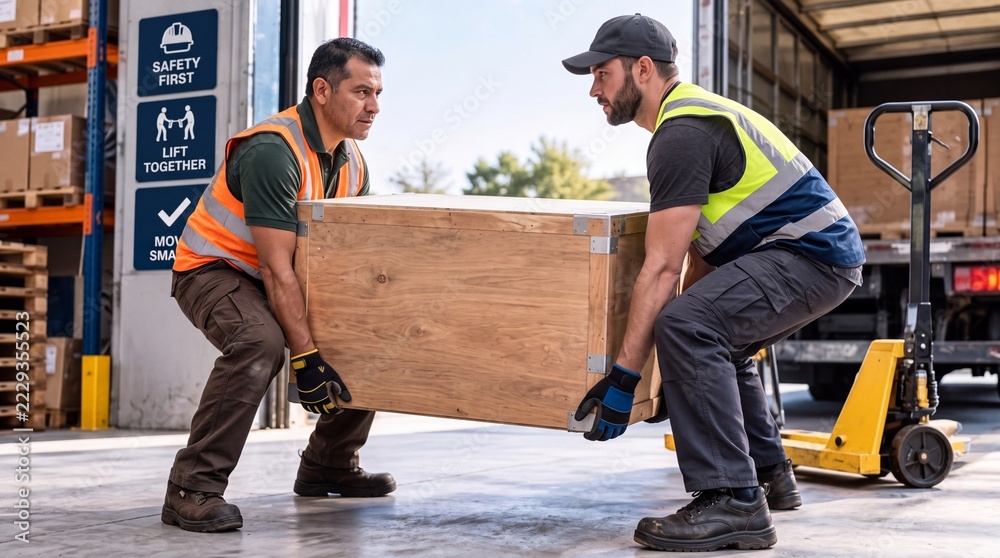 Safe Lift 2 Warehouse workers lifting a heavy wooden crate safely together. Two ...