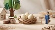 © Aqeel - Papercraft retirement planning concept featuring handcrafted miniature businessman figure wooden coins nest with speckled eggs and miniature house model