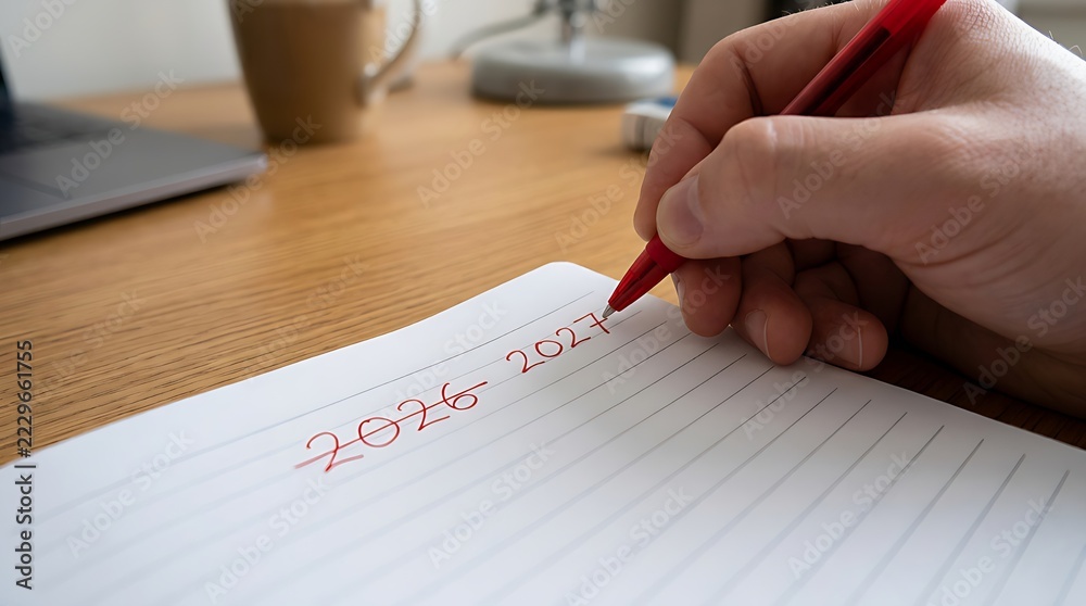 Hand writing 2027 over 2026 on lined paper with red pen Stock Photo ...