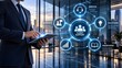 © resky - Client support and customer service concept with businessman using tablet projecting glowing hologram of solutions and guidance