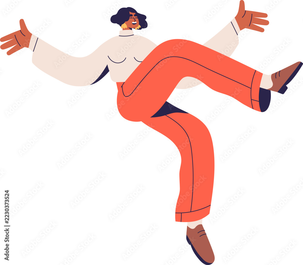 Image vectorielle Stock Happy woman jumping up, flying with fun, joy ...