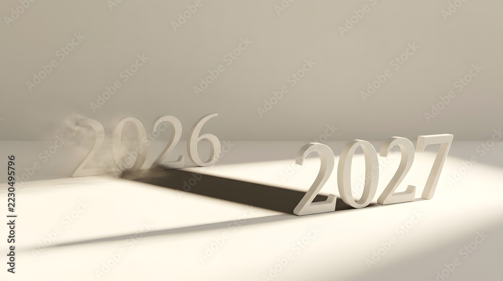 Minimalist white 2026 and 2027 numbers on neutral floor with long cast ...