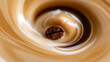 © twc - A single roasted coffee bean float in creamy milk swirl vortex create abstract macro composition with warm brown and white color tone texture