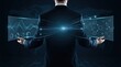 © Jun - Back view of businessman holding futuristic holographic interface with big data analytics, digital waveforms and network graphs in dark high tech environment representing business