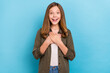 © deagreez - Photo of charming pretty little woman hands in anticipation glad thankful isolated on blue color background