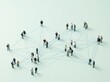 © peppastocker - Network of people concept, tiny figurines connected by thin blue lines. Small realistic miniature people in dark and light clothing stand scattered on a flat pale mint surface. A web of delicate blue