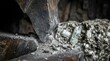 © DigitalSpace - Hydraulic crusher jaw fracturing pegmatite rock to extract lithium spodumene crystals and quartz ore in a mineral processing facility.