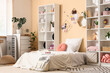 © Pixel-Shot - Interior design and home lifestyle, cozy bedroom with modern decor and personal workspace for student or creative professional in a bright apartment